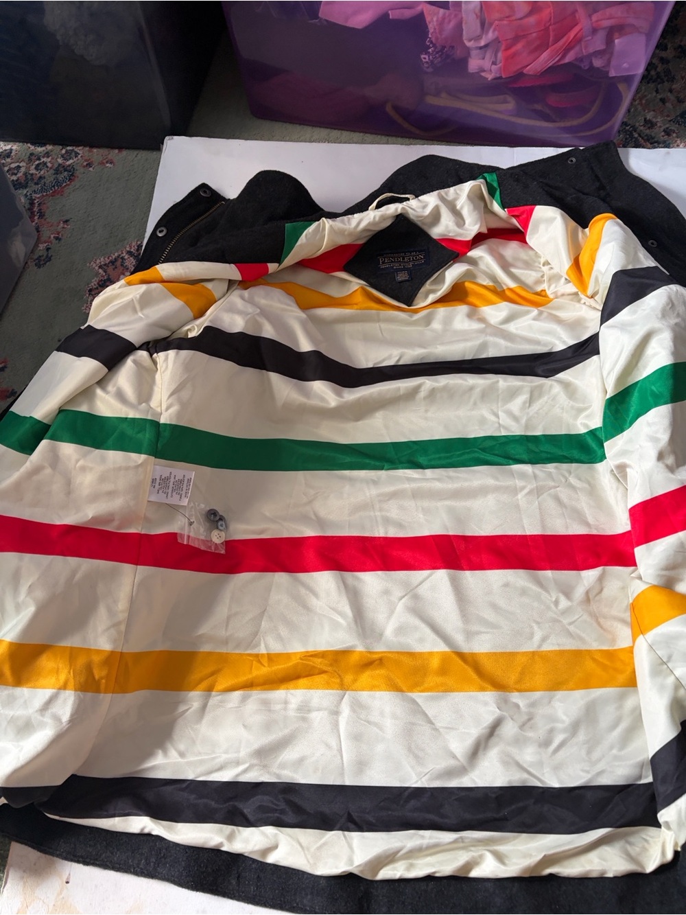 Pendleton Black Pea Coat with Cream Lining and Multicolor Stripes